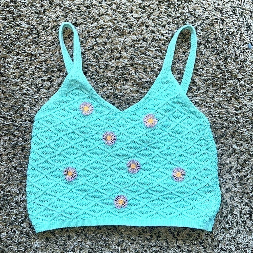 SWEET REPUBLIC Women’s FLORAL PATCH MINT CROCHET TANK Sz Large